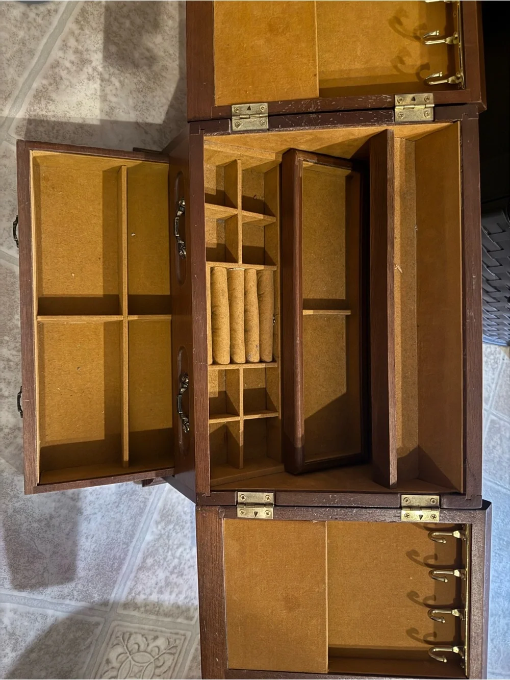 Wood-Finish Jewelry Organizer with Etched Glass Panels - Brown